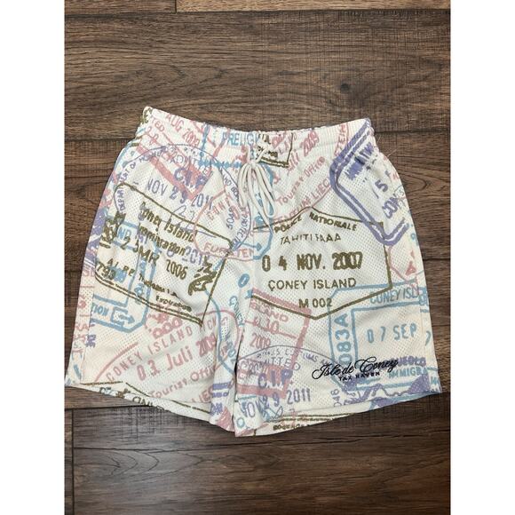 Coney Island Picnic Shorts Mens S Ivory Graphic Postcard Drawstring - Picture 1 of 7
